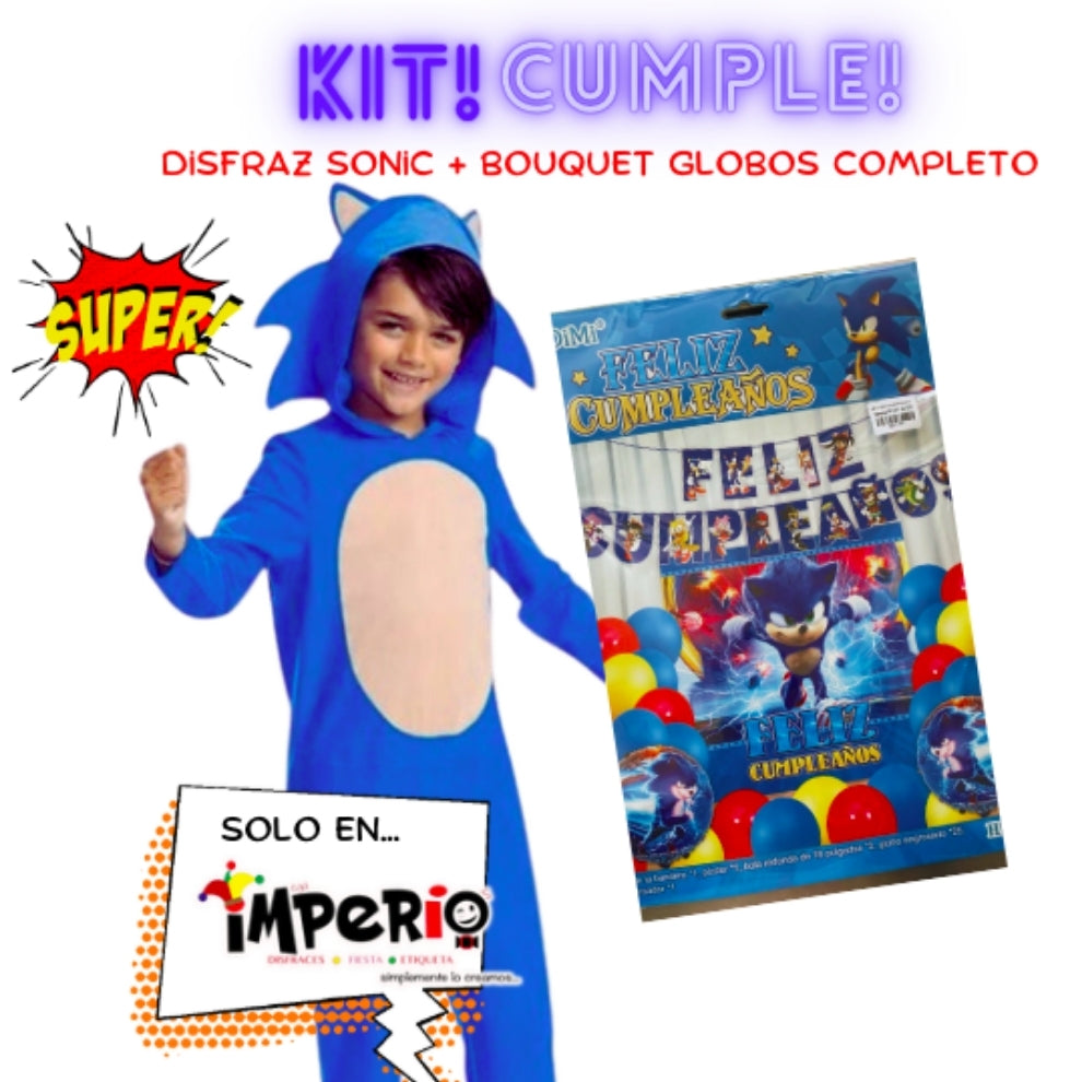 Kit de cumpleaños de Sonic con disfraz y bouquet de globos