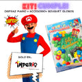 Kit de cumpleaños de Mario Bros con disfraz y decoración